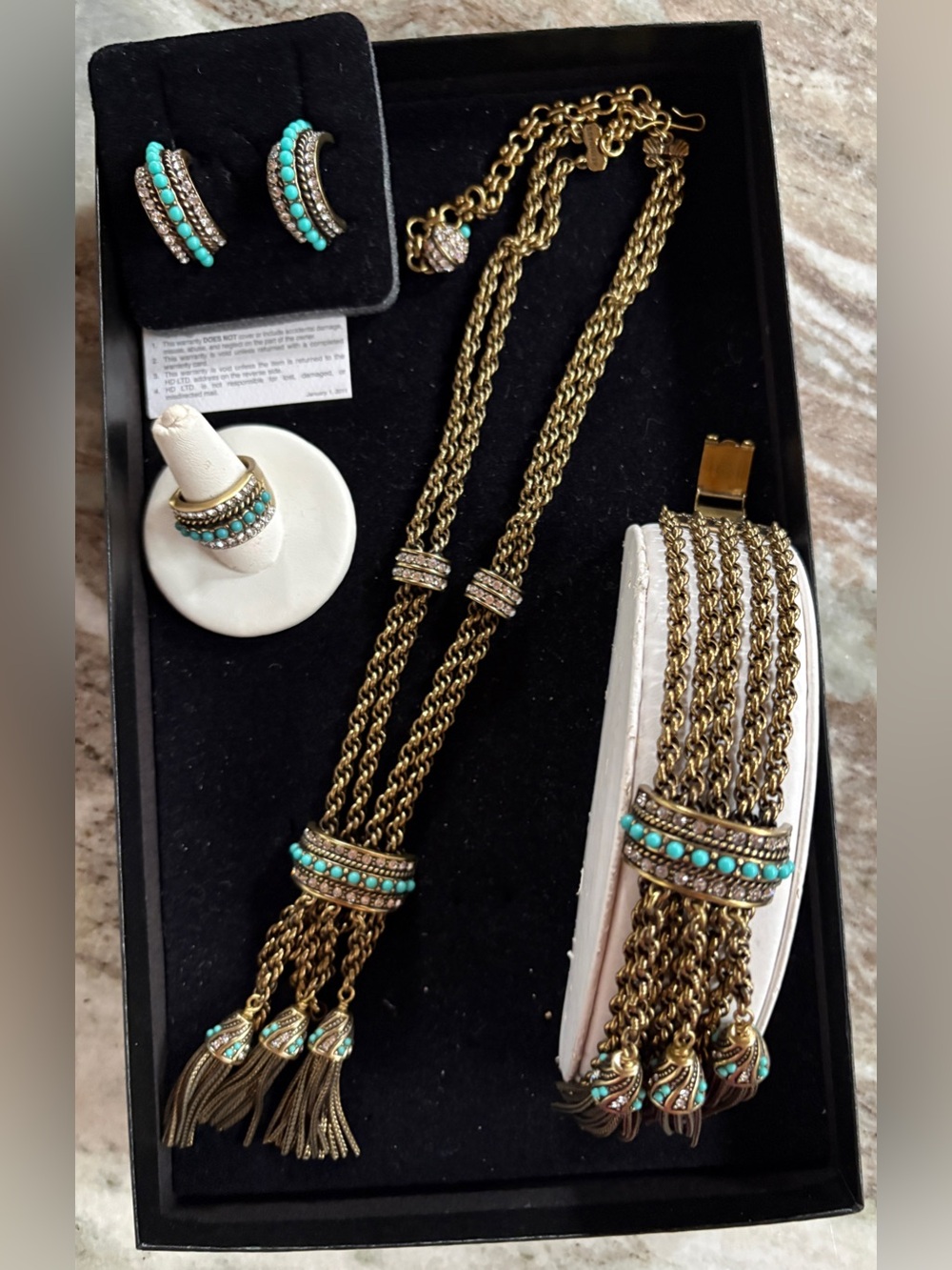 Heidie Daus 4-piece set - turquoise/crystals set in antique gold style chains